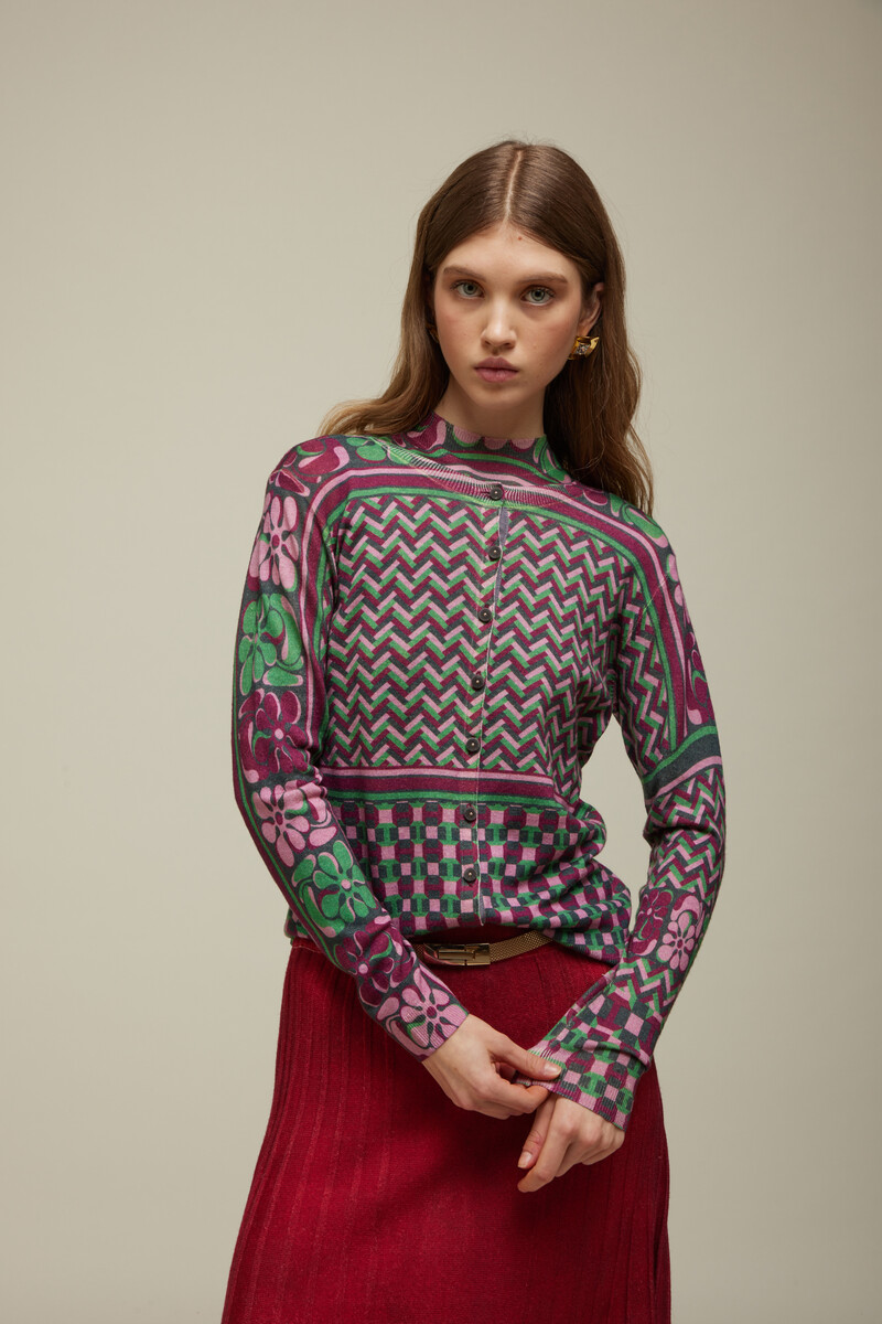 JEi'S Cardigan with Ties Print Burgundy | Charming Cardigan of 100% Merino Wool with Bordeaux and Green Tones