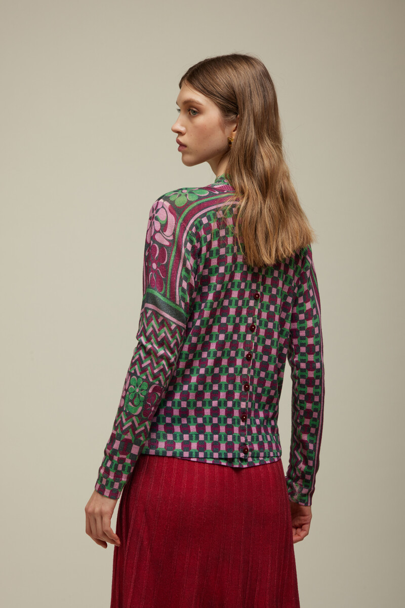 JEi'S Cardigan with Ties Print Burgundy | Charmant Vest van 100% Merinowol met Bordeaux- en Groentinten