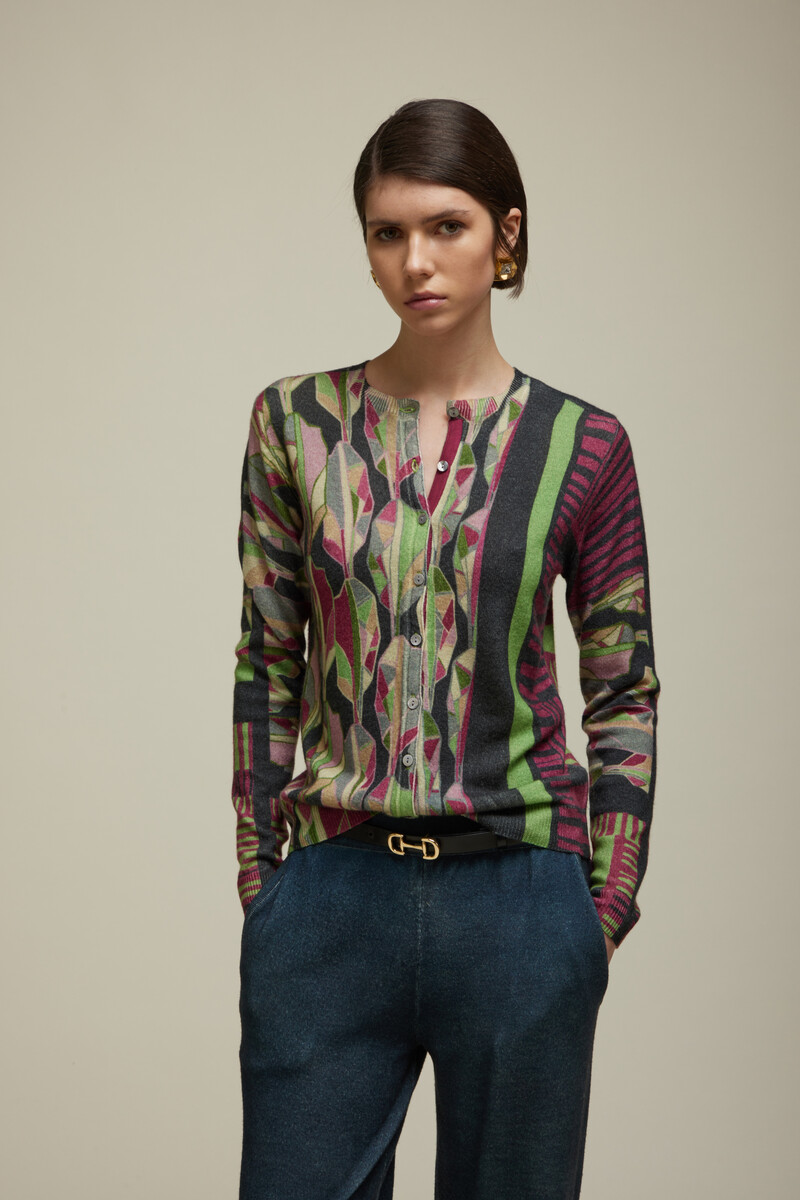 JEi'S Cardigan with Multicolor Leaves Print Anthracite | Luxueus Vest van 100% Kasjmier met Bladerpatroon