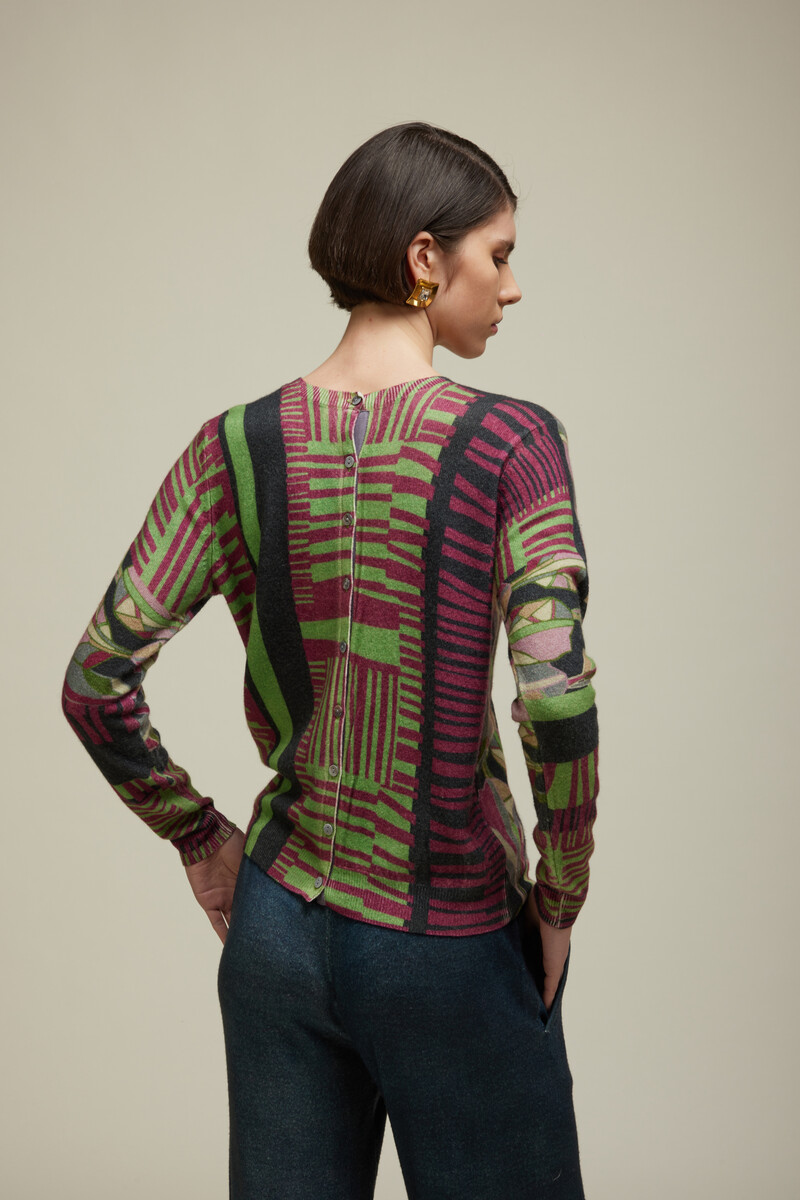 JEi'S Cardigan with Multicolor Leaves Print Anthracite | Luxueus Vest van 100% Kasjmier met Bladerpatroon