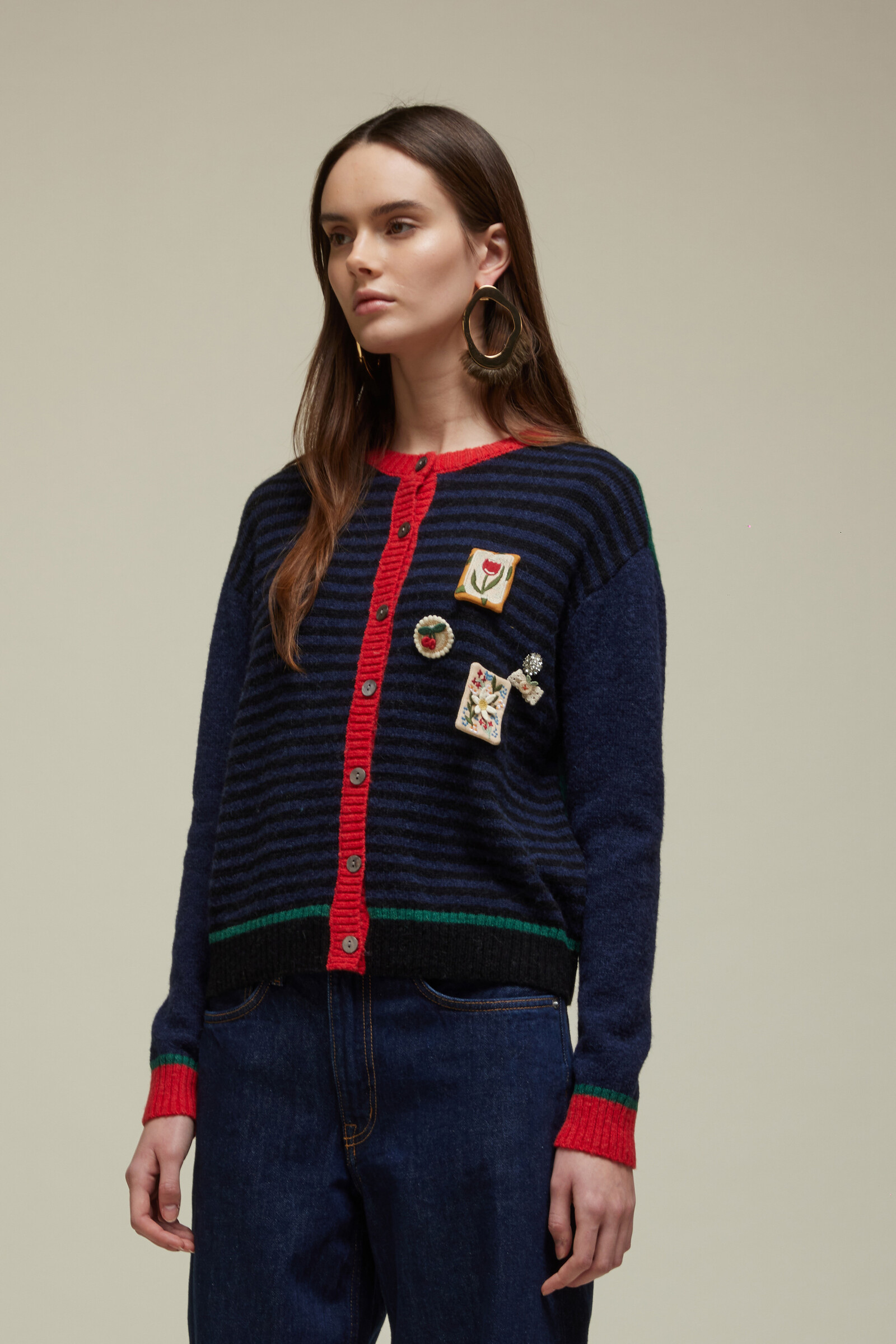 JEi'S JEi'S Multicolor Cardigan with Applications Green Blue | Opvallend Vest met Afneembare Applicaties