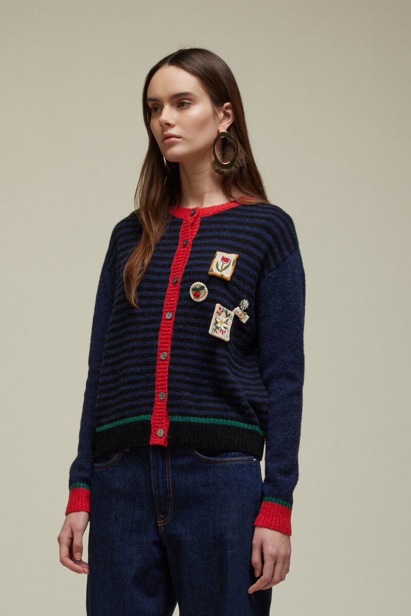 JEi'S Multicolor Cardigan with Applications Green Blue | Opvallend Vest met Afneembare Applicaties