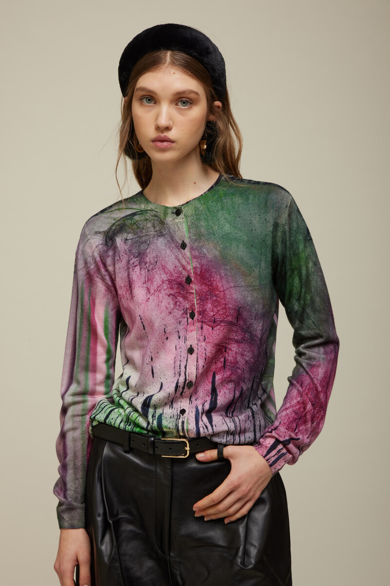 JEi'S Cardigan with Shaded Print Moss | Breathtaking Cardigan of 100% Merino Wool with Pink and Green Tones