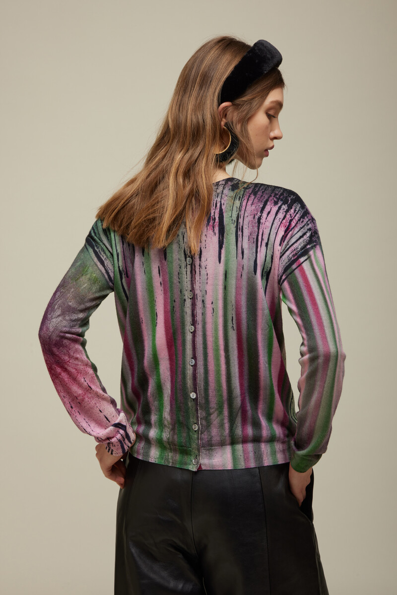 JEi'S Cardigan with Shaded Print Moss | Breathtaking Cardigan of 100% Merino Wool with Pink and Green Tones