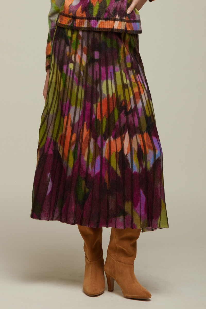 JEi'S Long Pleated Skirt with Multicolor Print Multicolor | Zwierige Rok van 100% Merinowol