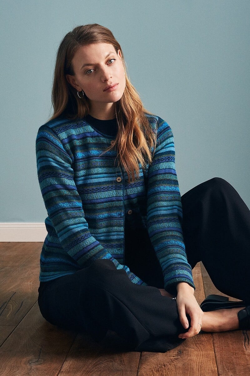 MANUELA BEDFORD Rayas Cardigan Turquoise | Blauw Gestreept Vest van 100% Peruaanse Alpacawol