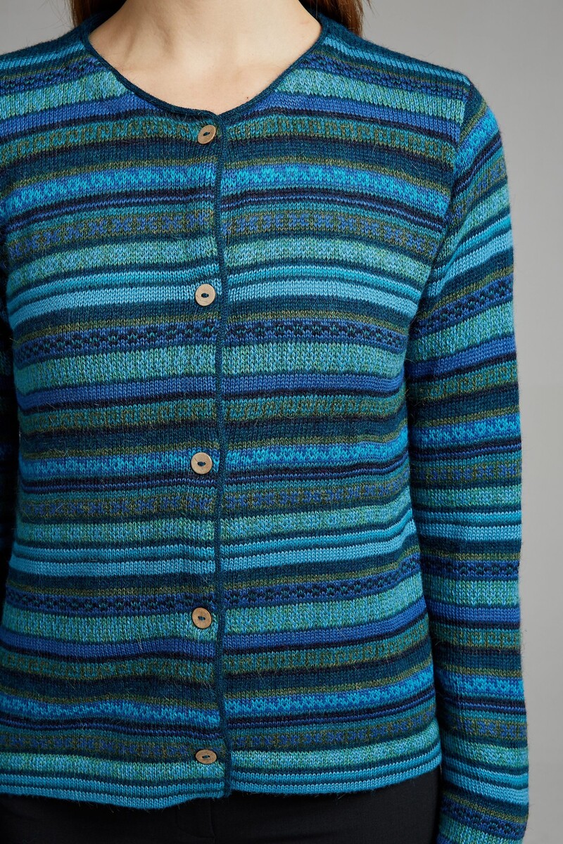 MANUELA BEDFORD Rayas Cardigan Turquoise | Blauw Gestreept Vest van 100% Peruaanse Alpacawol