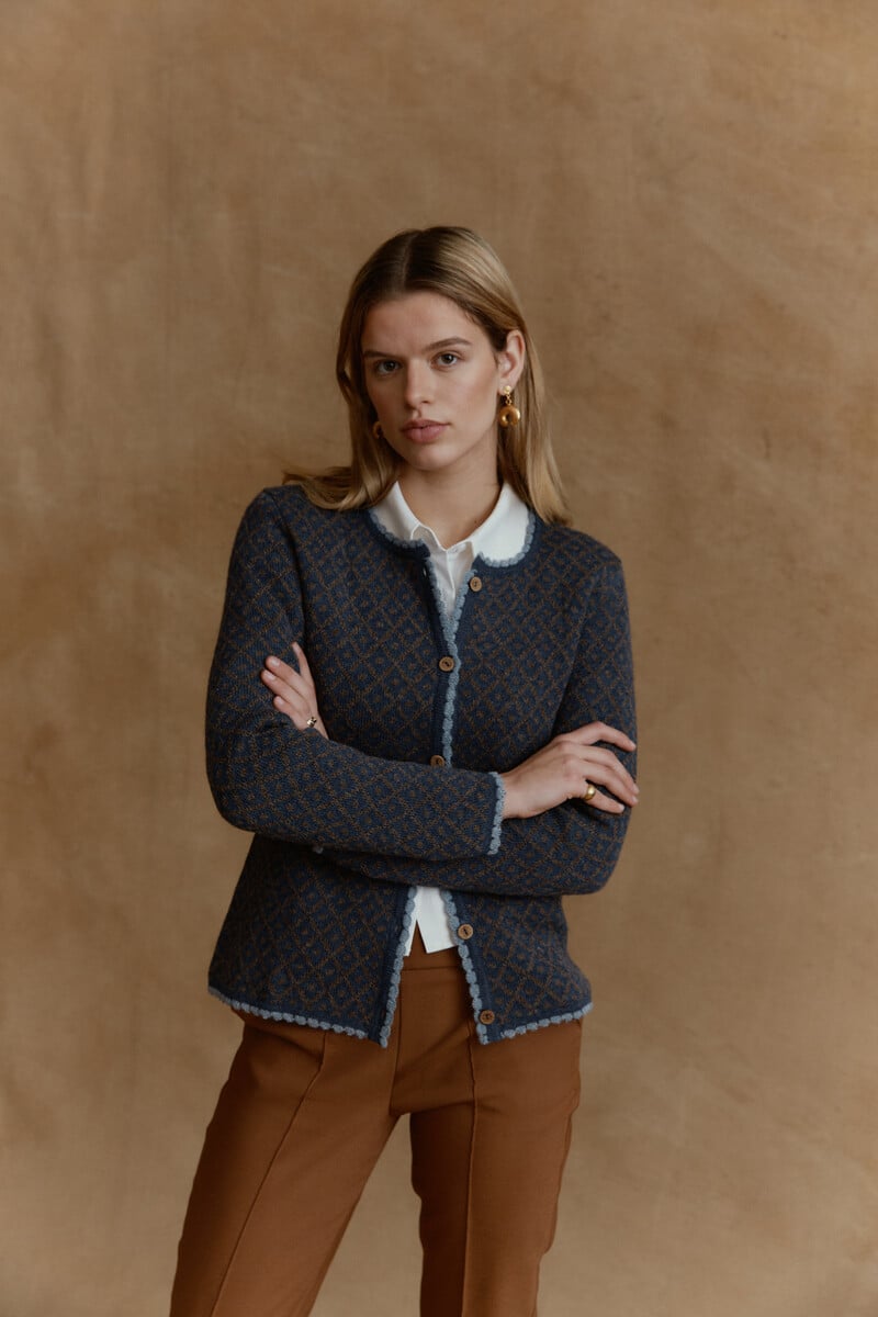 MANUELA BEDFORD Aura Cardigan Jeans | Onmisbaar Blauw Vest van 100% Peruaanse Alpacawol