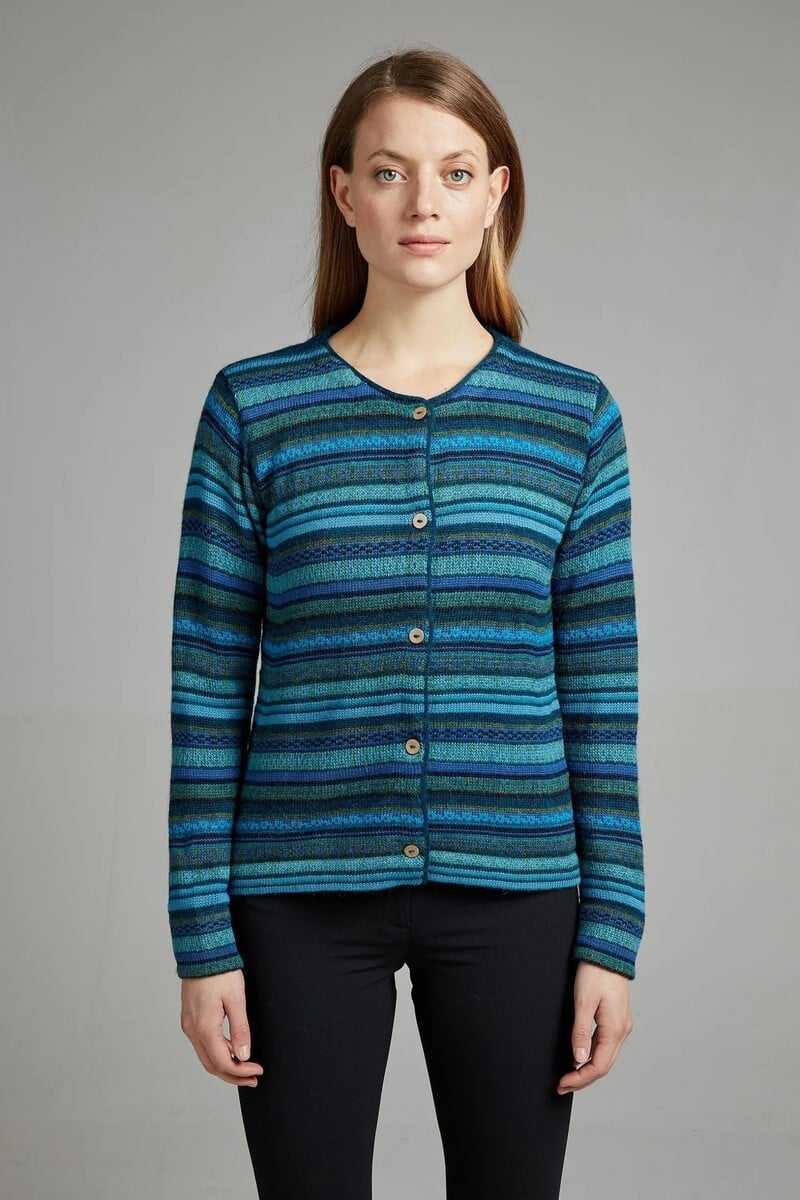 MANUELA BEDFORD Rayas Cardigan Turquoise | Blauw Gestreept Vest van 100% Peruaanse Alpacawol