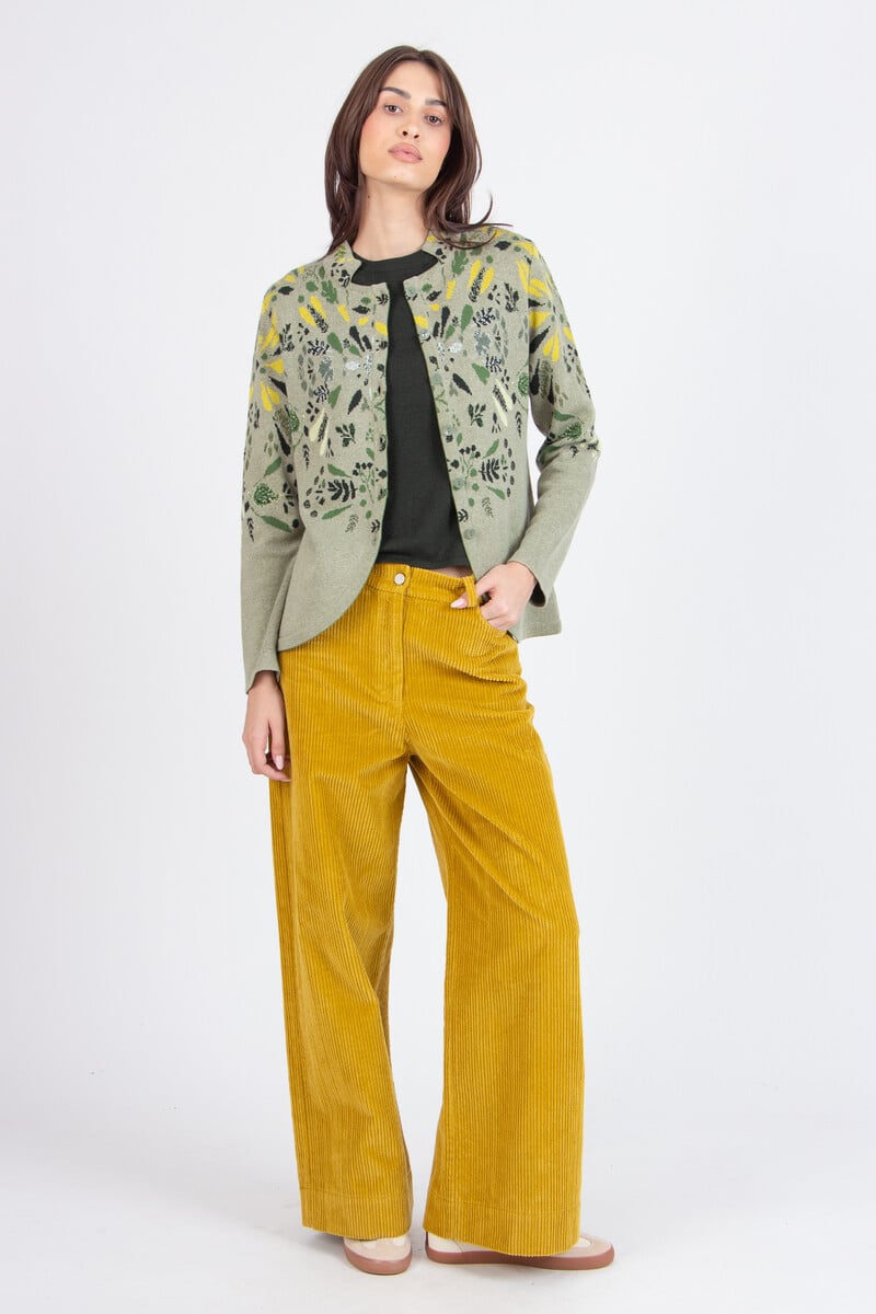 IVKO - Jacquard Jacket Plantopia Pattern Salvia | Dames Cardigan Saliegroen Katoen met Bloemen