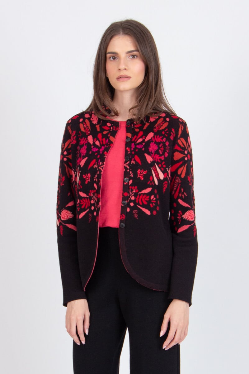 IVKO - Jacquard Jacket Plantopia Pattern Chocolate Black | Dames Katoenen Cardigan met Bloemenmotief