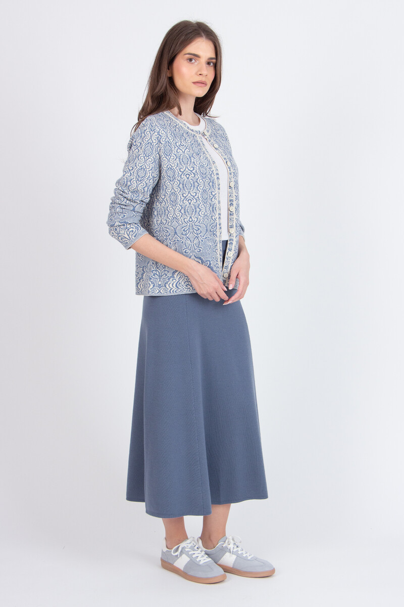 IVKO - Jacquard O-Neck Cardigan Ornament Pattern Stone Blue | Betoverend IVKO Vest van Wol met Ornamentpatroon