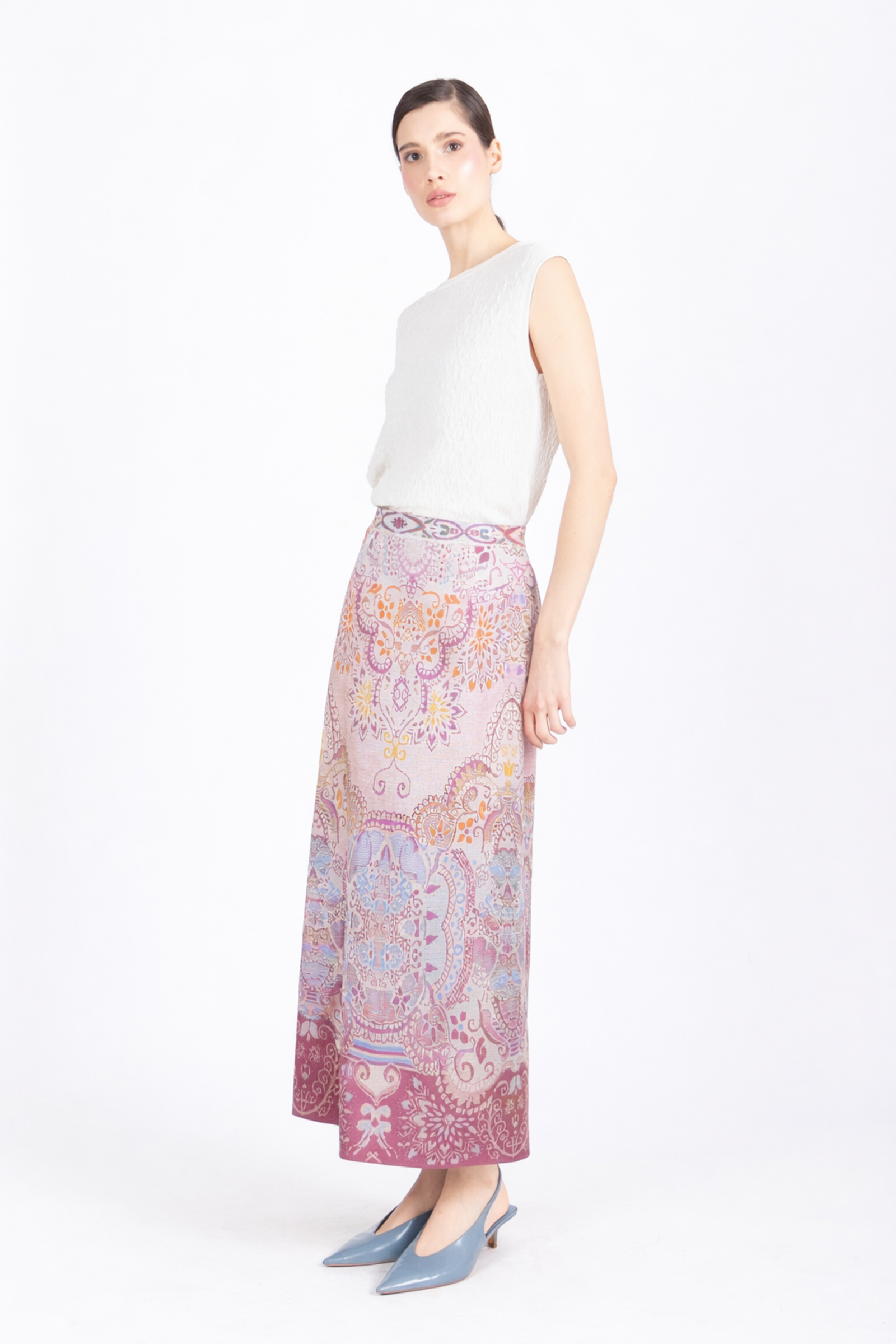 IVKO  Woman IVKO - Long Skirt Ornament Pattern Light Pink | Zomerse Midirok met Elastische Taille
