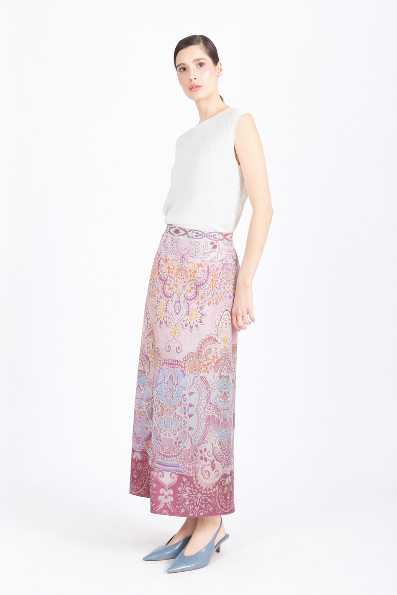 IVKO - Long Skirt Ornament Pattern Light Pink | Zomerse Midirok met Elastische Taille