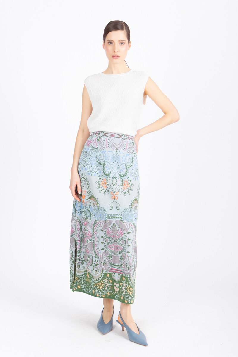 IVKO - Long Skirt Ornament Pattern Sky | Sommerlicher Midirock mit Elastischem Bund