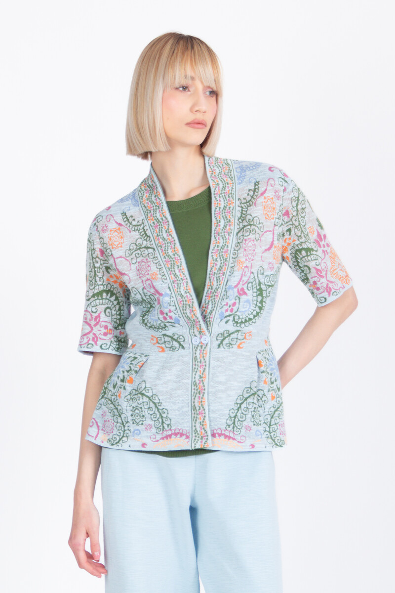 IVKO - Cardigan V-Neck Ornament Pattern Sky | Lichtblauw Vest van Katoen