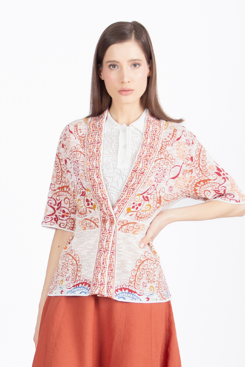 IVKO - Cardigan V-Neck Ornament Pattern White Coffee | Crèmebeige Vest van Katoen