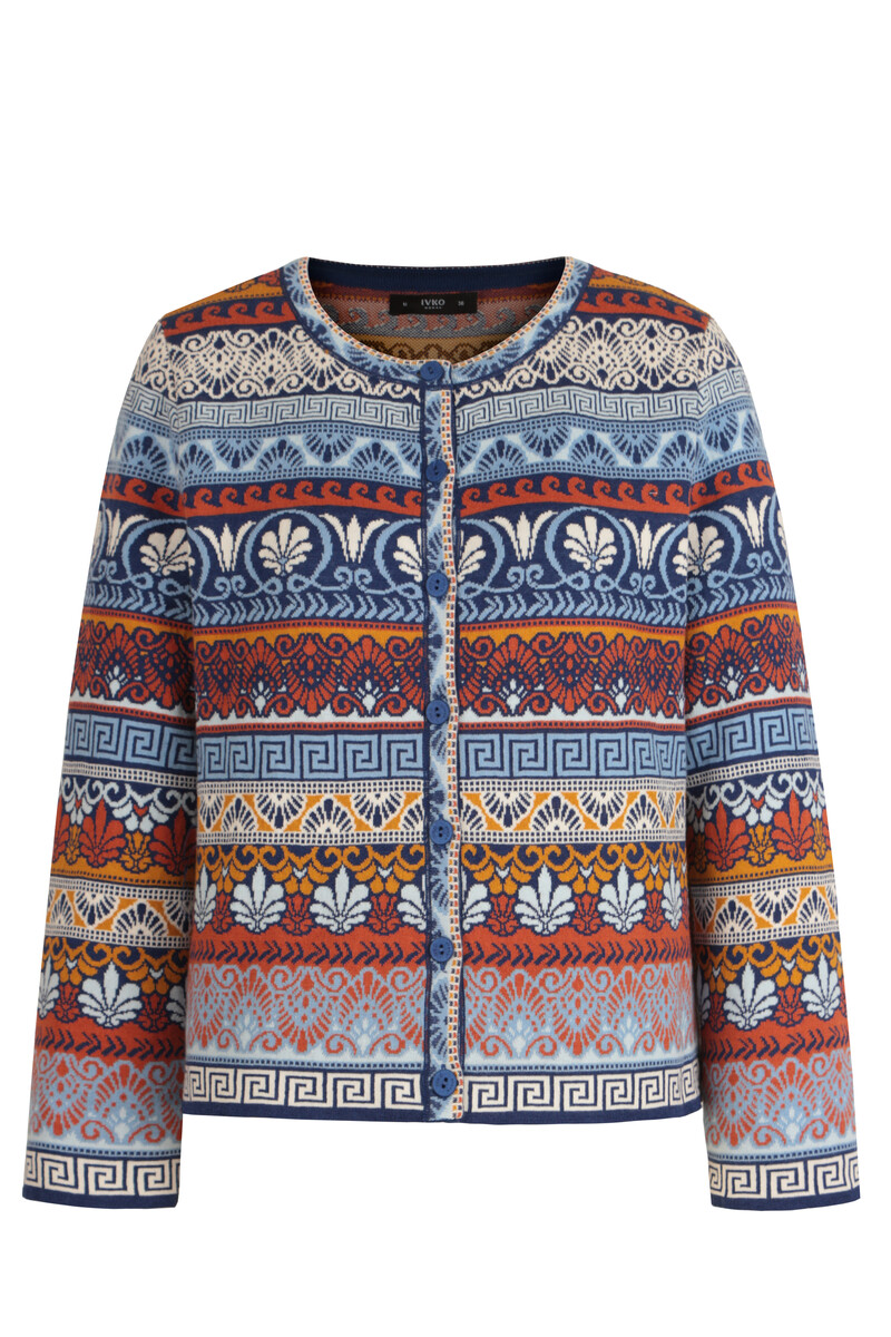 IVKO - Jacquard Cardigan Mediterranean Pattern Marine | Mediterraans Vest van Katoen en Linnen