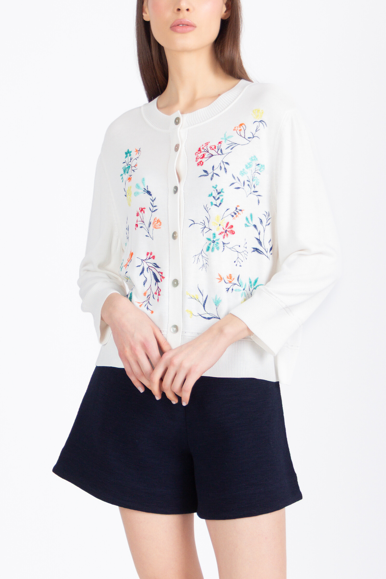 IVKO  Woman IVKO - Embroidered Cardigan Floral Pattern White | Wit Zomers Vest met Kleurrijke Geborduurde Bloemen