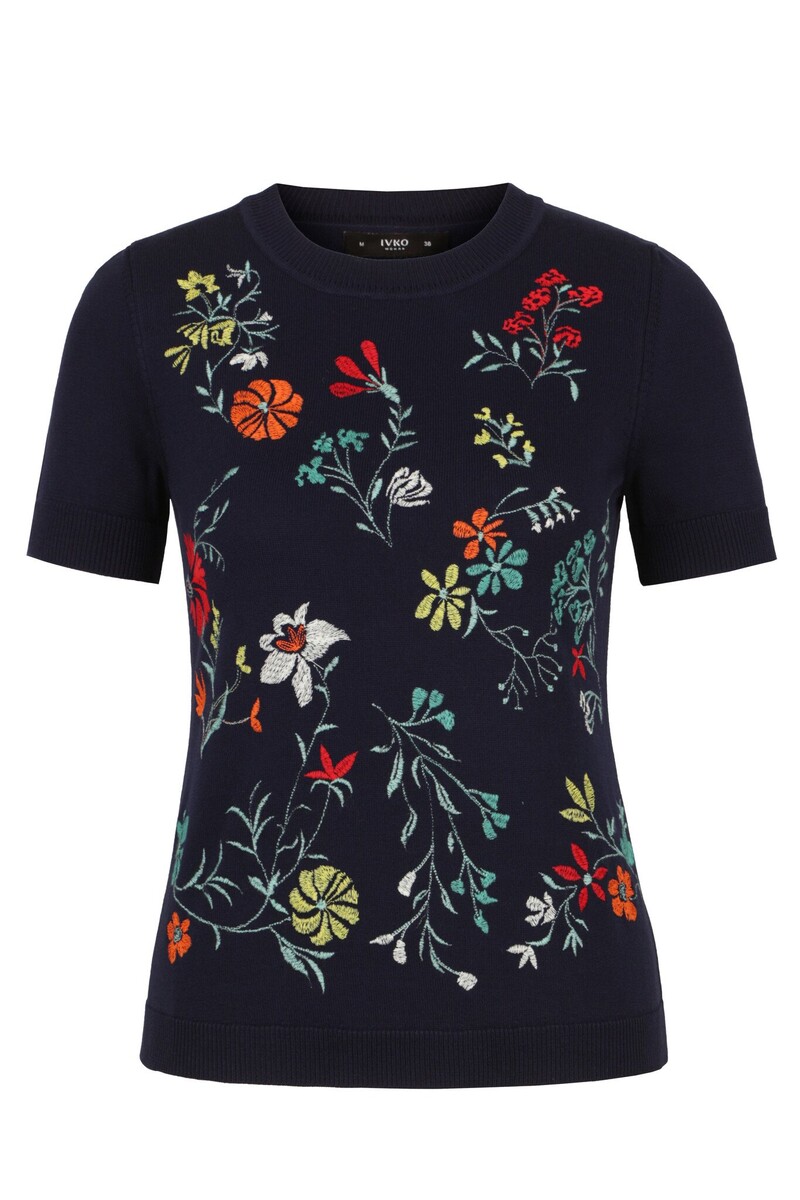 IVKO - Pullover with Embroidery Floral Pattern Marine | Donkerblauw Zomers Shirt met Kleurrijke Geborduurde Bloemen