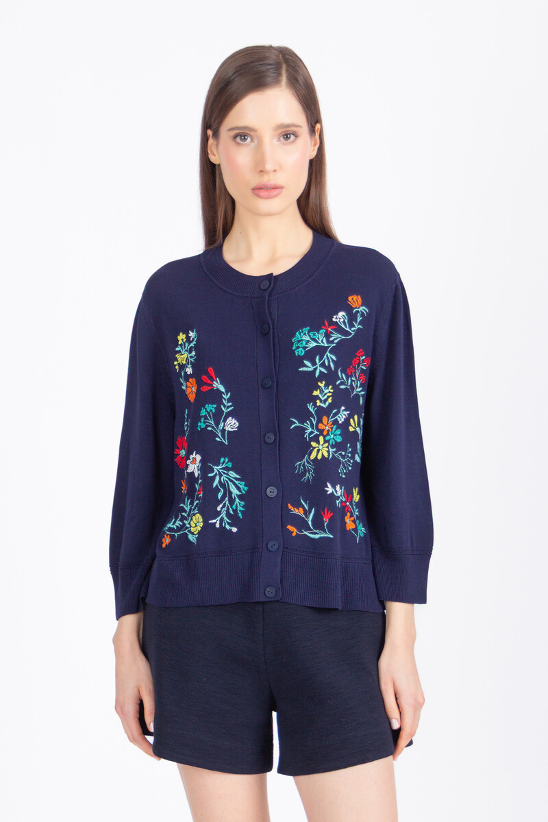 IVKO - Embroidered Cardigan Floral Pattern Marine | Donkerblauw Zomers Vest met Kleurrijke Geborduurde Bloemen