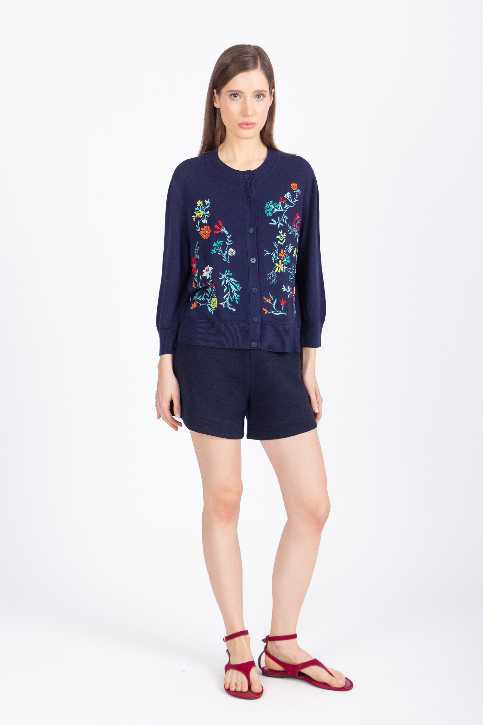 IVKO  Woman IVKO - Embroidered Cardigan Floral Pattern Marine | Donkerblauw Zomers Vest met Kleurrijke Geborduurde Bloemen