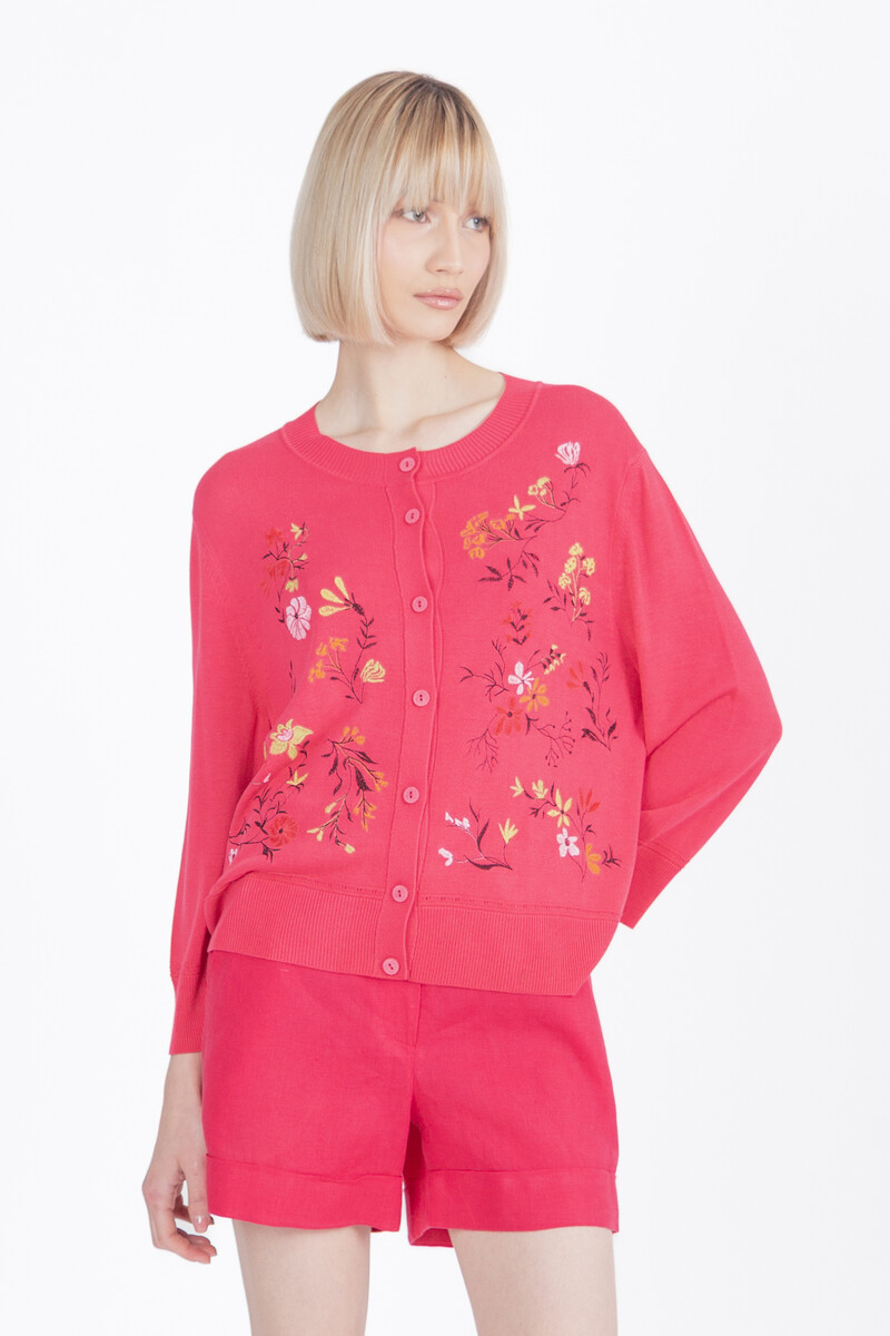 IVKO - Embroidered Cardigan Floral Pattern Pink | Roze Zomers Vest met Kleurrijke Geborduurde Bloemen
