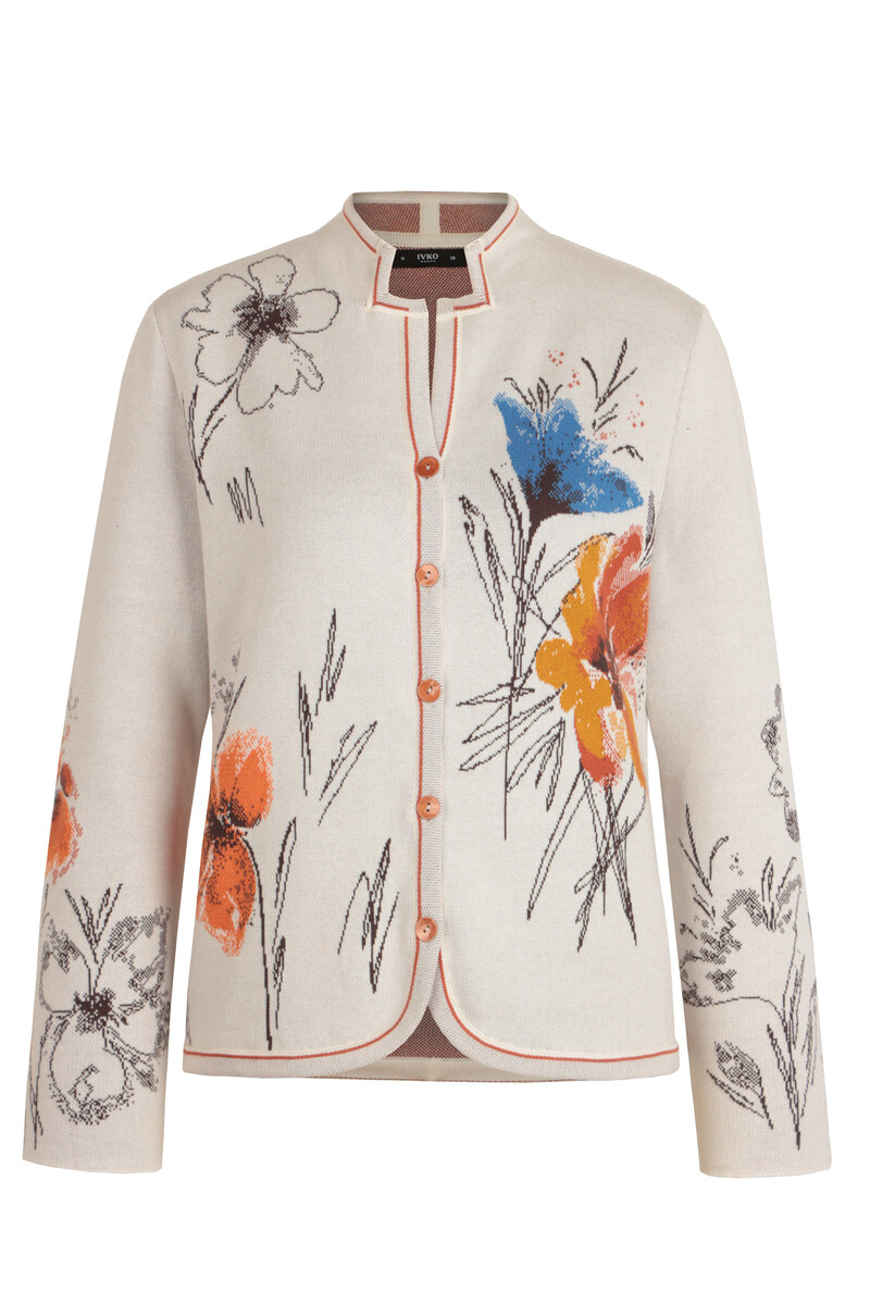 IVKO - Jacquard Jacket Floral Pattern White Coffee | Verleidelijk Beige Vest met Kleurrijke Bloemen