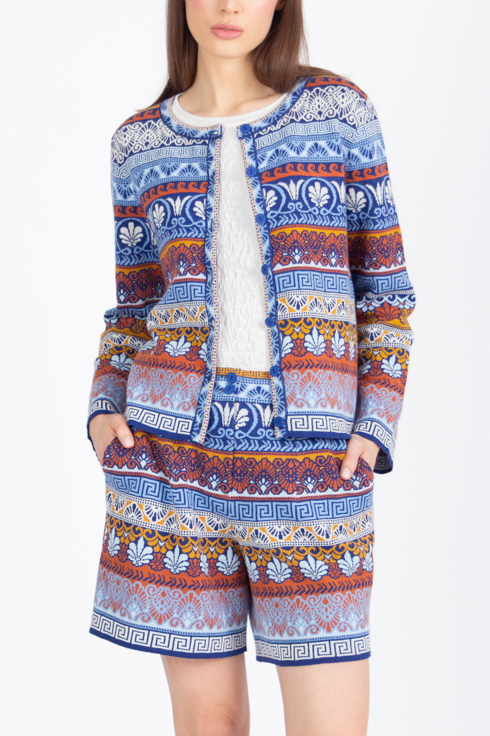 IVKO  Woman IVKO - Jacquard Cardigan Mediterranean Pattern Marine | Mediterraans Vest van Katoen en Linnen