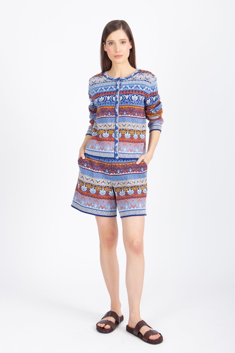 IVKO - Jacquard Cardigan Mediterranean Pattern Marine | Mediterraans Vest van Katoen en Linnen