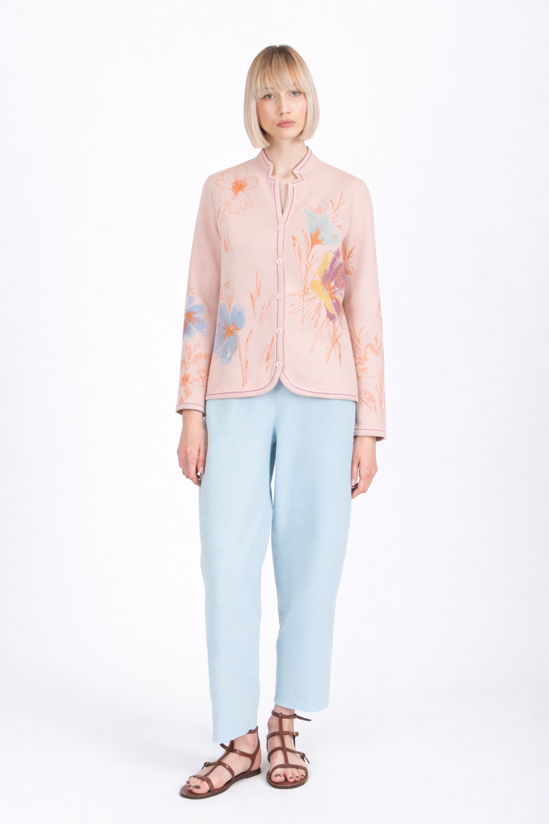 IVKO - Jacquard Jacket Floral Pattern Light Pink | Verleidelijk Zachtroze Vest met Kleurrijke Bloemen