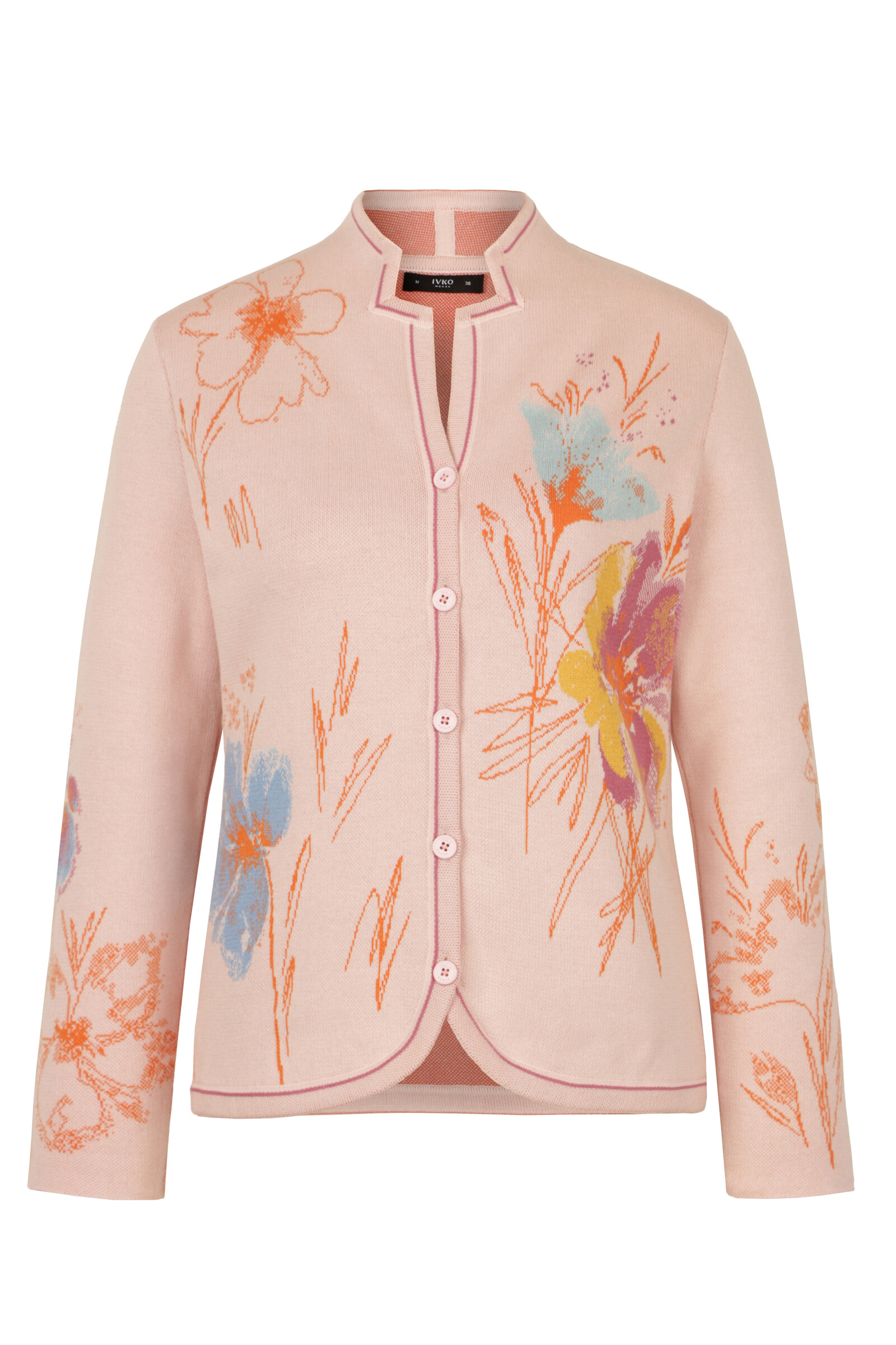 IVKO  Woman IVKO - Jacquard Jacket Floral Pattern Light Pink | Verleidelijk Zachtroze Vest met Kleurrijke Bloemen