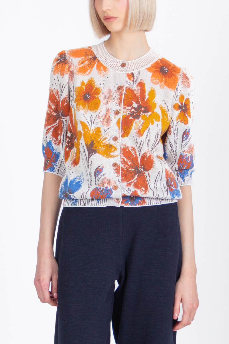 IVKO - Short Sleeve Cardigan Floral Pattern White Coffee | Verleidelijk Beige Vest met Kleurrijke Bloemen