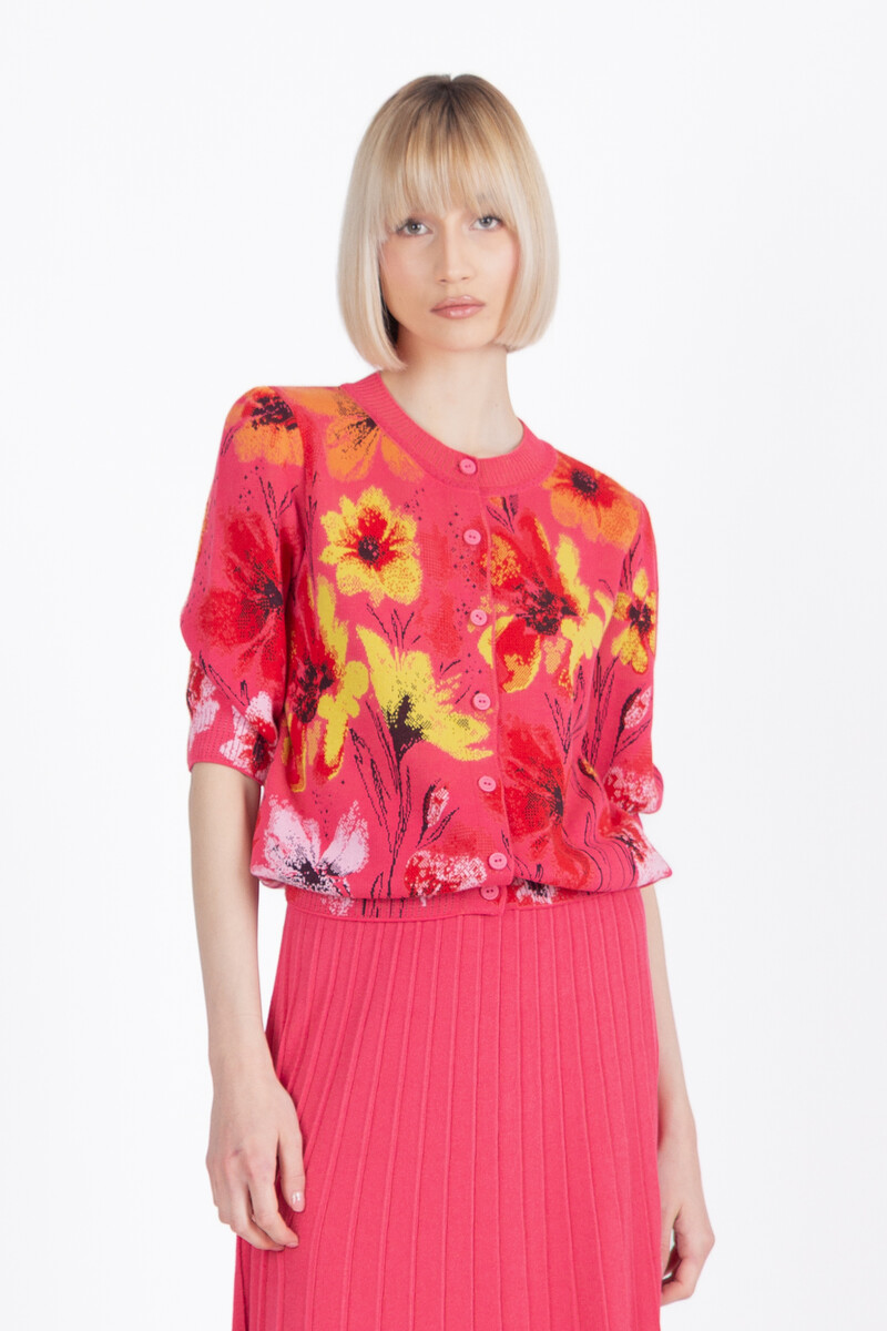 IVKO - Short Sleeve Cardigan Floral Pattern Pink | Verleidelijk Felroze Vest met Kleurrijke Bloemen