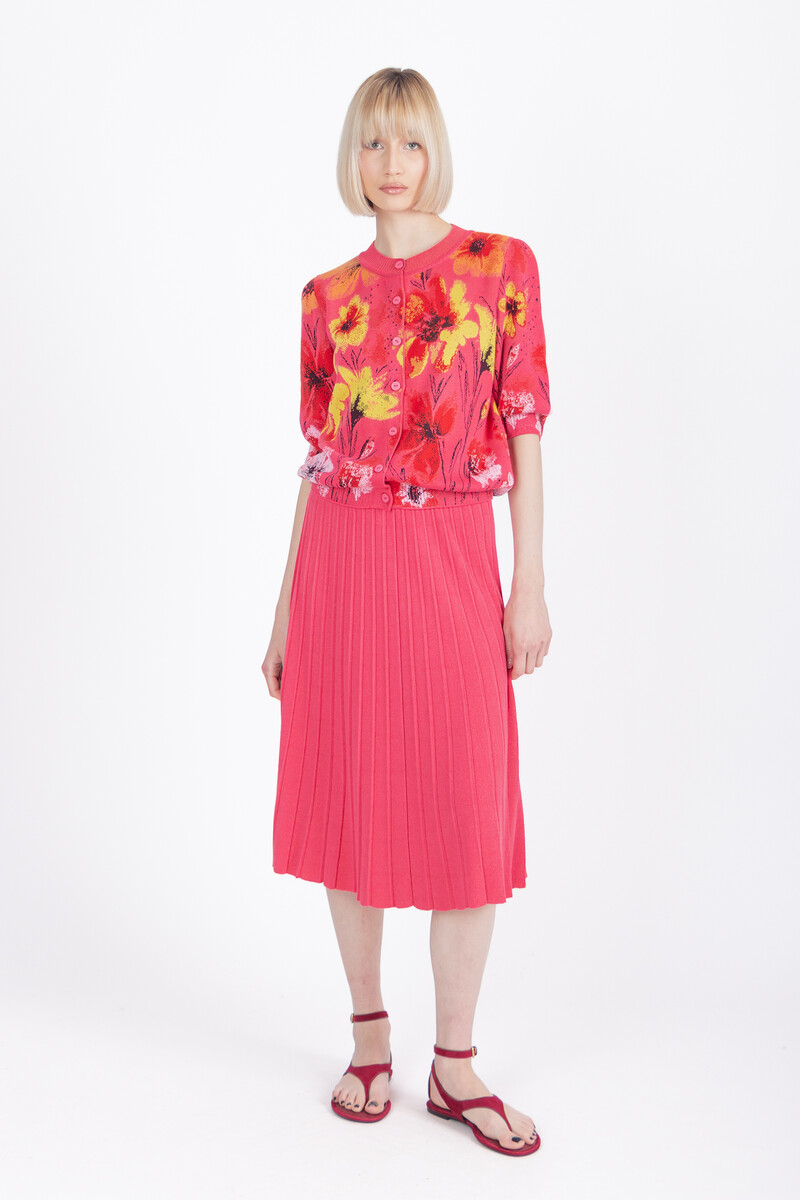 IVKO - Short Sleeve Cardigan Floral Pattern Pink | Verleidelijk Felroze Vest met Kleurrijke Bloemen