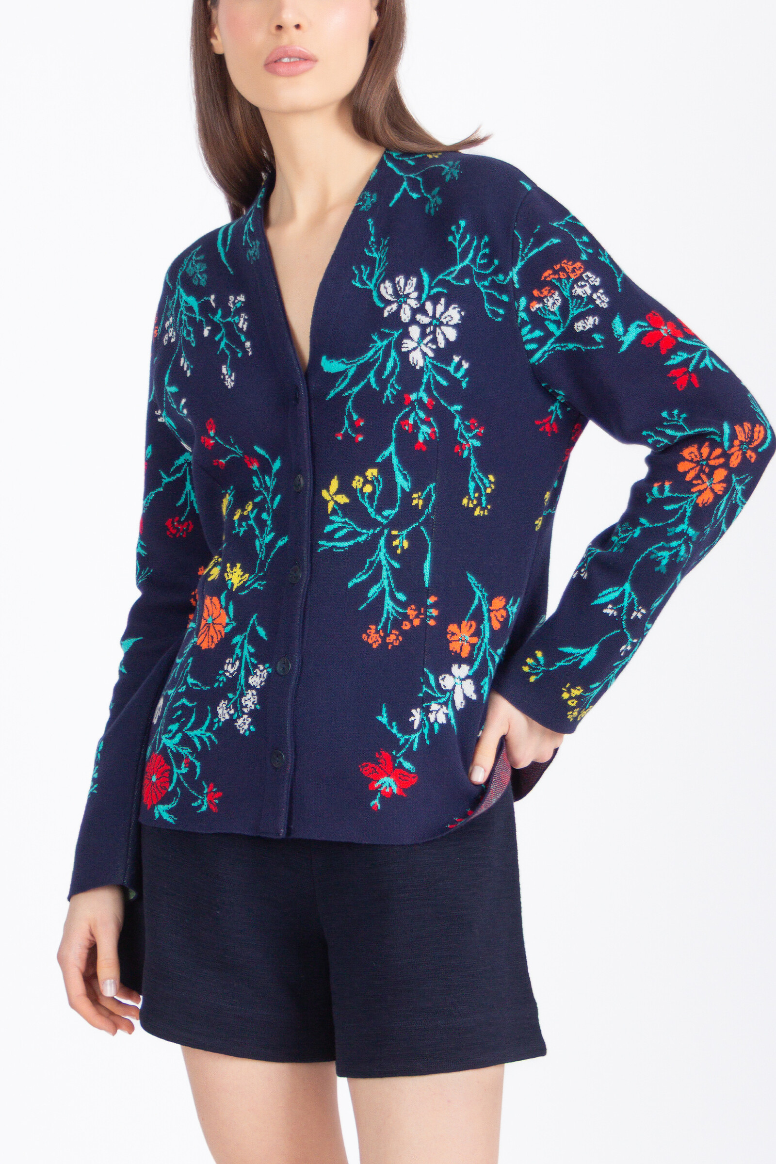 IVKO  Woman IVKO - Jacquard V-Neck Jacket Floral Pattern Marine | Donkerblauw Zomers Vest met Kleurrijke Bloemen