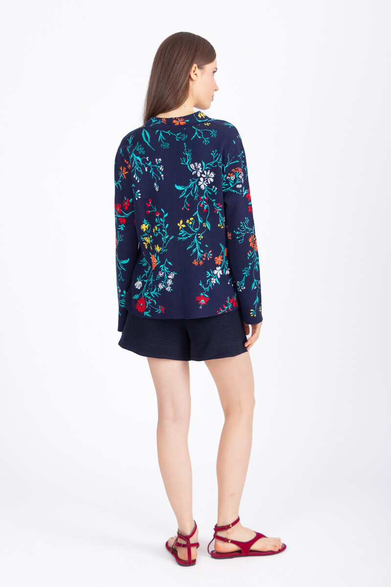 IVKO - Jacquard V-Neck Jacket Floral Pattern Marine | Donkerblauw Zomers Vest met Kleurrijke Bloemen