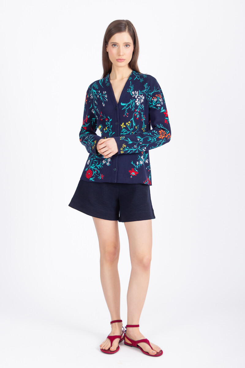 IVKO - Jacquard V-Neck Jacket Floral Pattern Marine | Donkerblauw Zomers Vest met Kleurrijke Bloemen