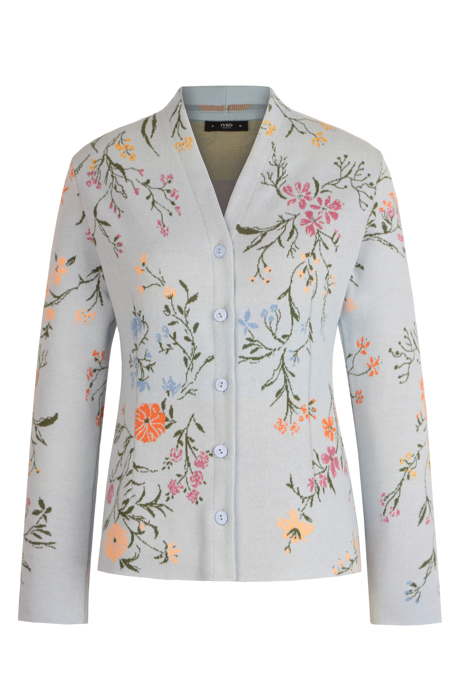 IVKO  Woman IVKO - Jacquard V-Neck Jacket Floral Pattern Sky | Lichtblauw Zomers Vest met Kleurrijke Bloemen