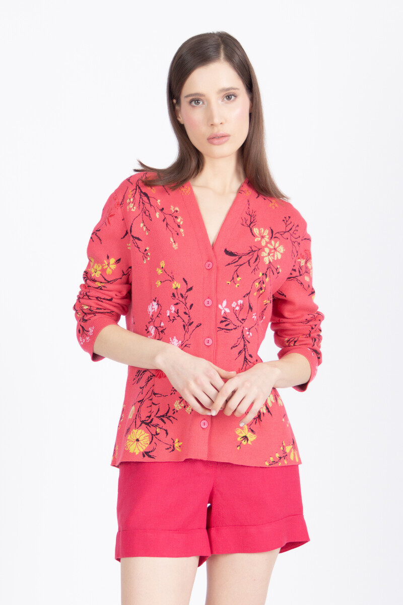 IVKO - Jacquard V-Neck Jacket Floral Pattern Pink | Felroze Zomers Vest met Kleurrijke Bloemen