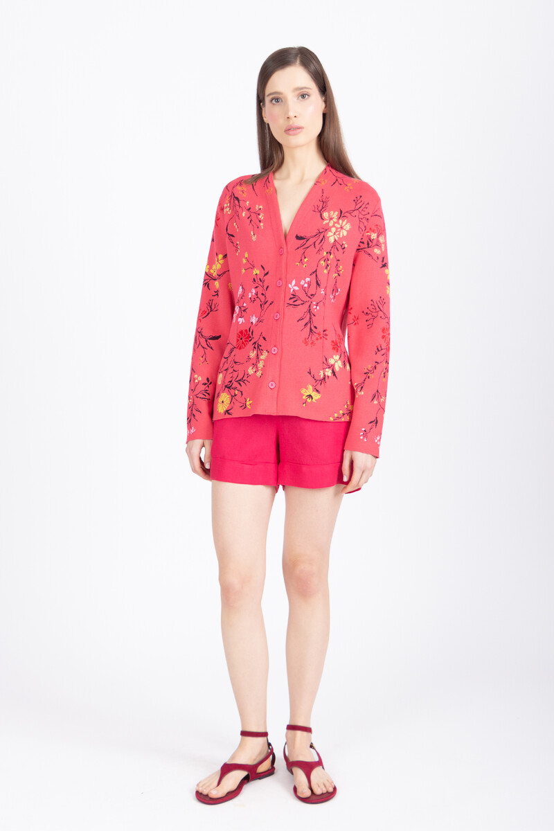 IVKO - Jacquard V-Neck Jacket Floral Pattern Pink | Felroze Zomers Vest met Kleurrijke Bloemen