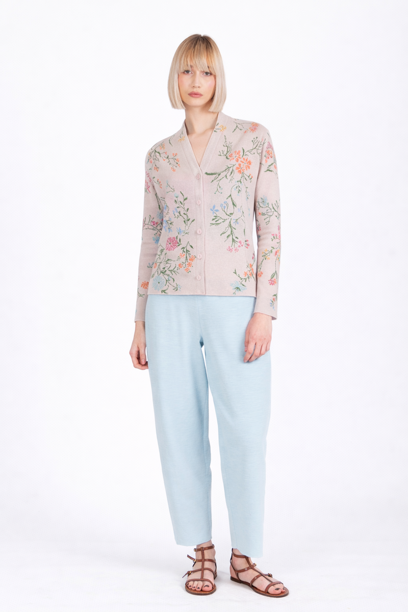 IVKO - Jacquard V-Neck Jacket Floral Pattern Light Pink | Lichtroze Zomers Vest met Kleurrijke Bloemen