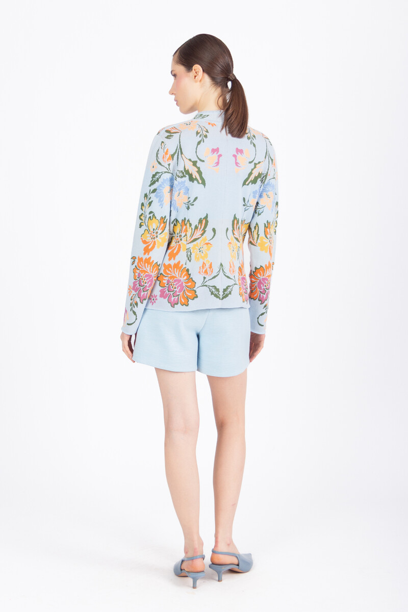 IVKO - Buttoned Jacket Floral Pattern Sky | Oogverblindend Lichtblauw Zomers Vest met Kleurrijke Bloemen