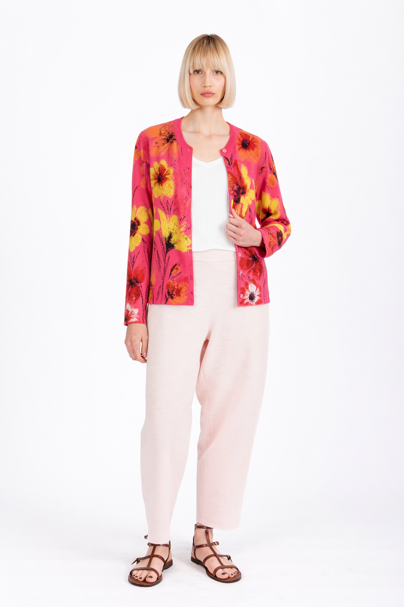 IVKO - Jacquard Cardigan Floral Pattern Pink | Artistiek Felroze Vest met Kleurrijke Bloemen