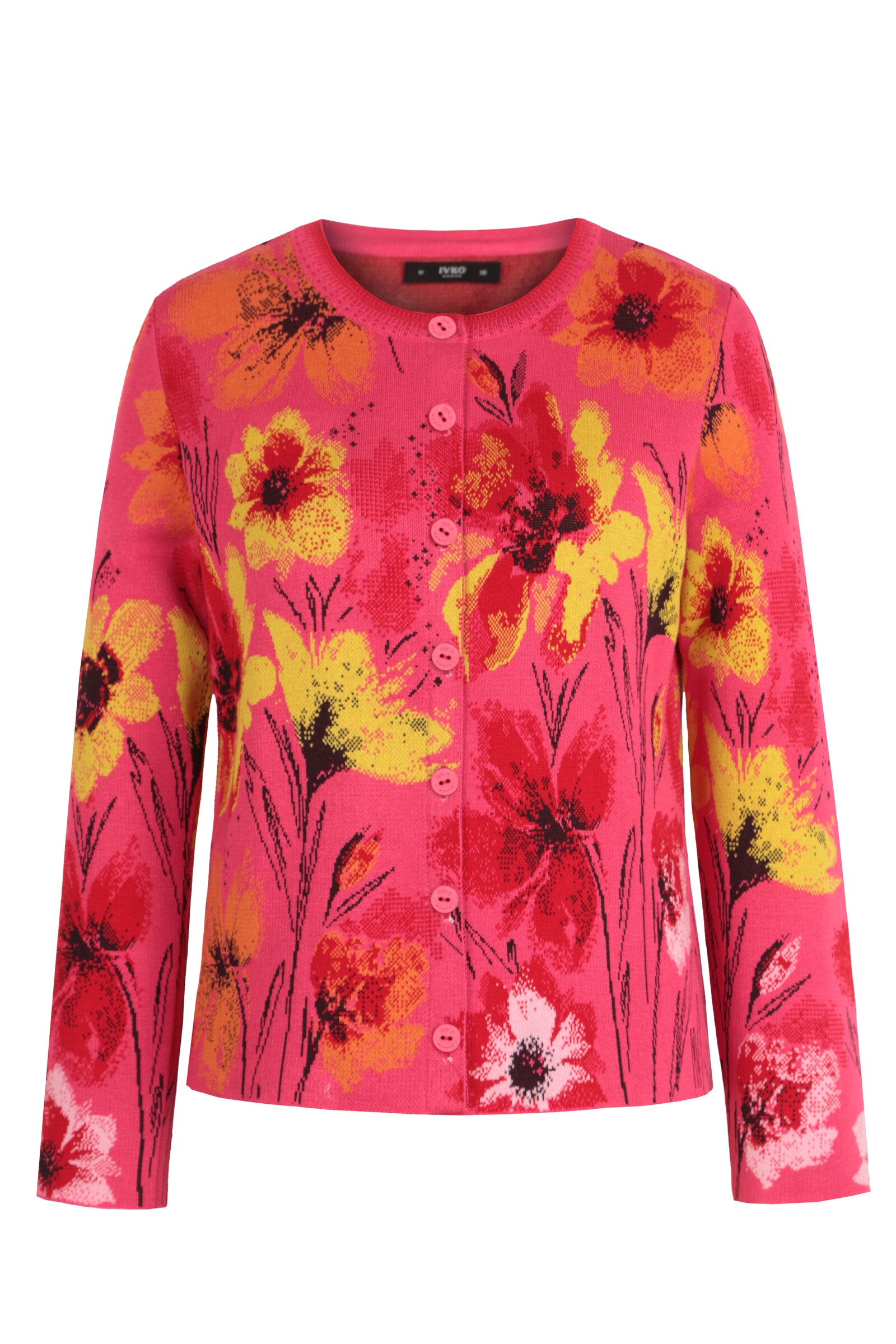 IVKO  Woman IVKO - Jacquard Cardigan Floral Pattern Pink | Artistiek Felroze Vest met Kleurrijke Bloemen
