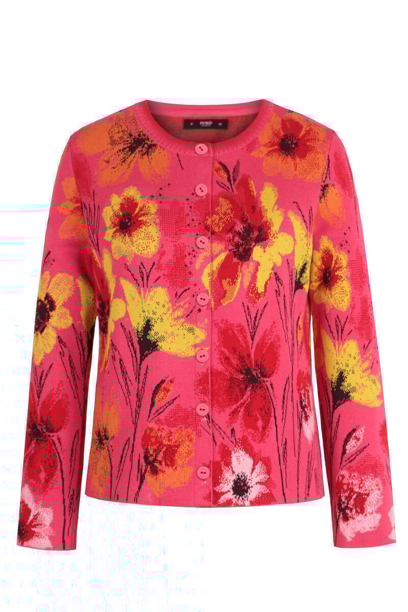IVKO - Jacquard Cardigan Floral Pattern Pink | Artistiek Felroze Vest met Kleurrijke Bloemen