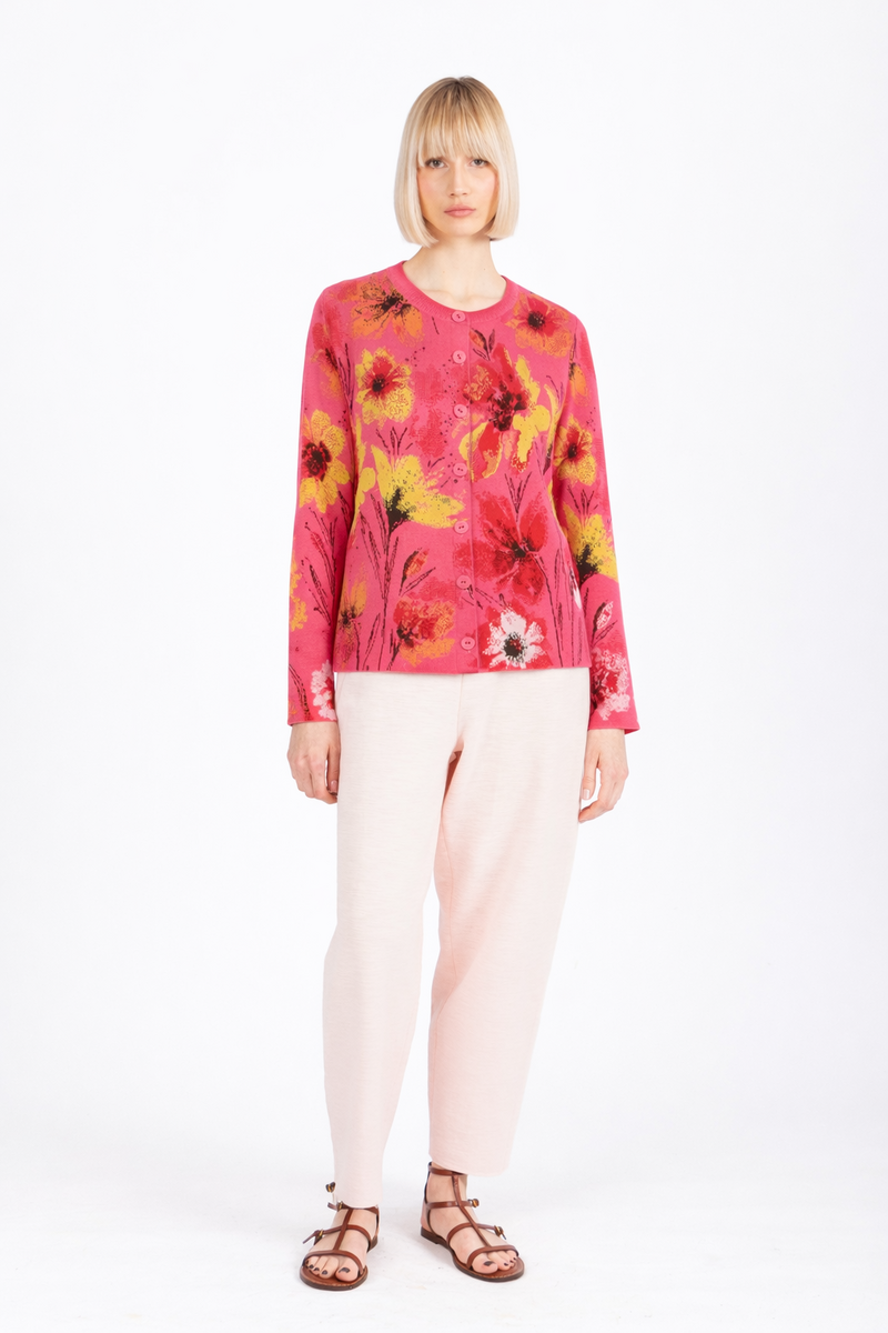 IVKO - Jacquard Cardigan Floral Pattern Pink | Artistiek Felroze Vest met Kleurrijke Bloemen