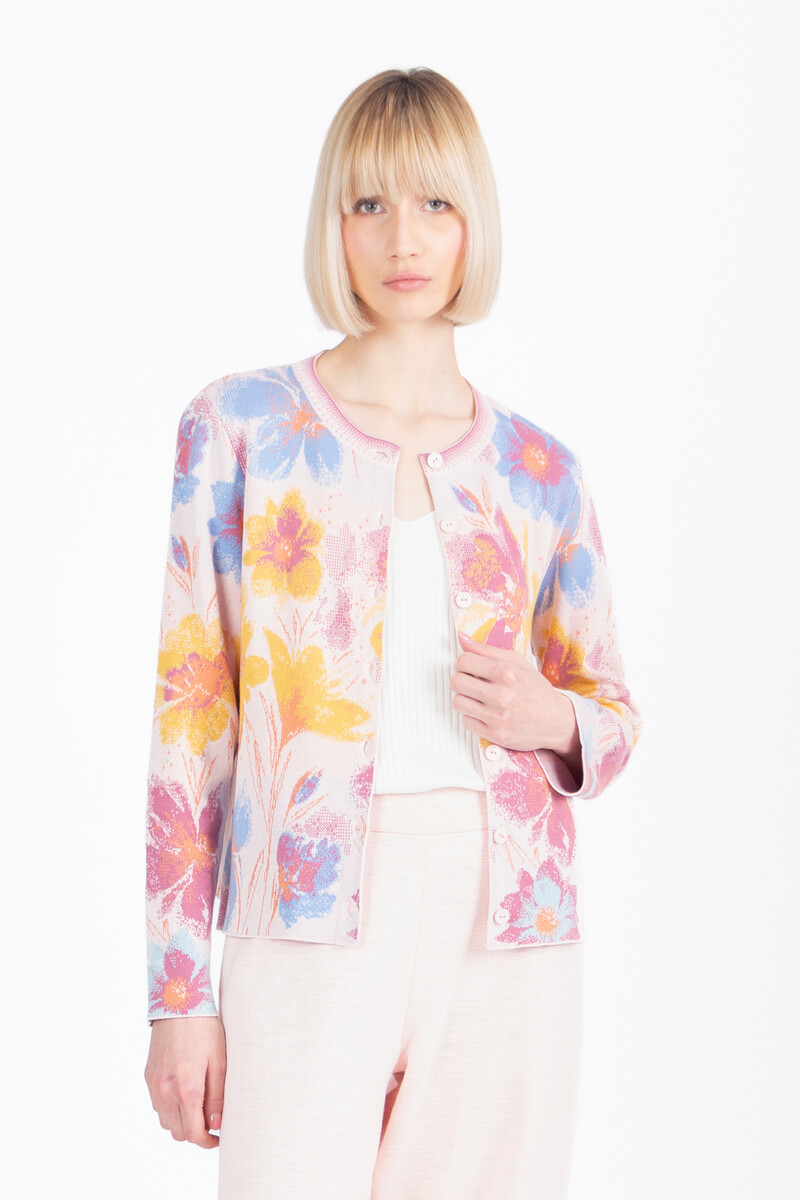 IVKO - Jacquard Cardigan Floral Pattern Light Pink | Artistiek Zachtroze Vest met Kleurrijke Bloemen