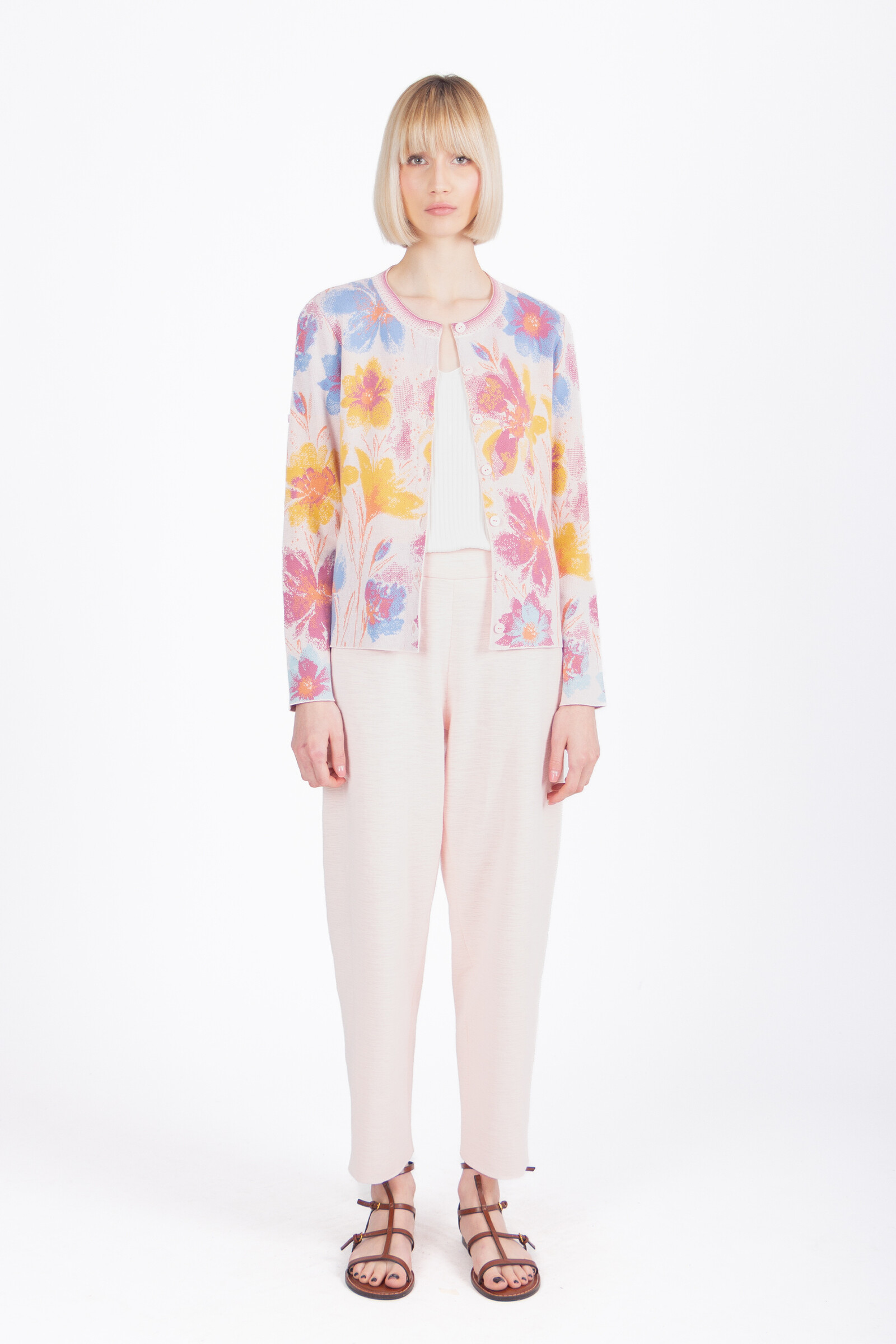 IVKO  Woman IVKO - Jacquard Cardigan Floral Pattern Light Pink | Artistiek Zachtroze Vest met Kleurrijke Bloemen