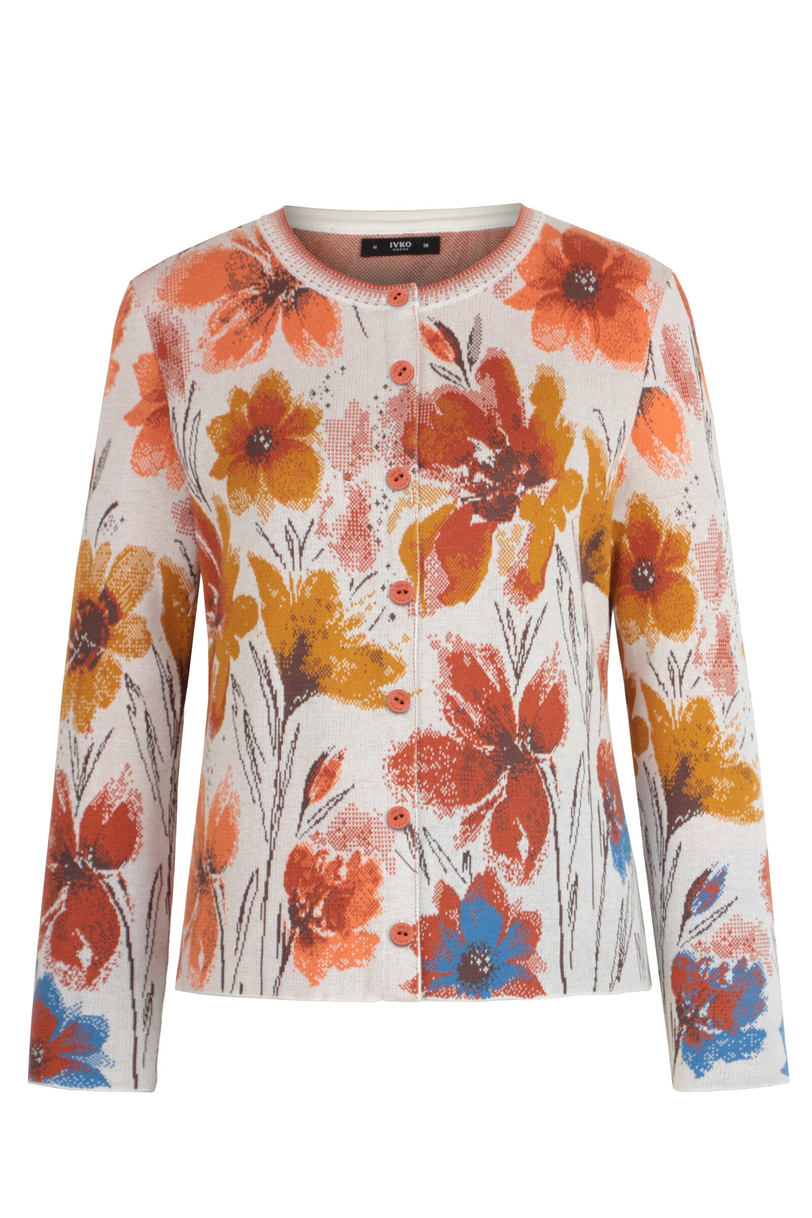 IVKO  Woman IVKO - Jacquard Cardigan Floral Pattern White Coffee | Artistiek Beige Vest met Kleurrijke Bloemen